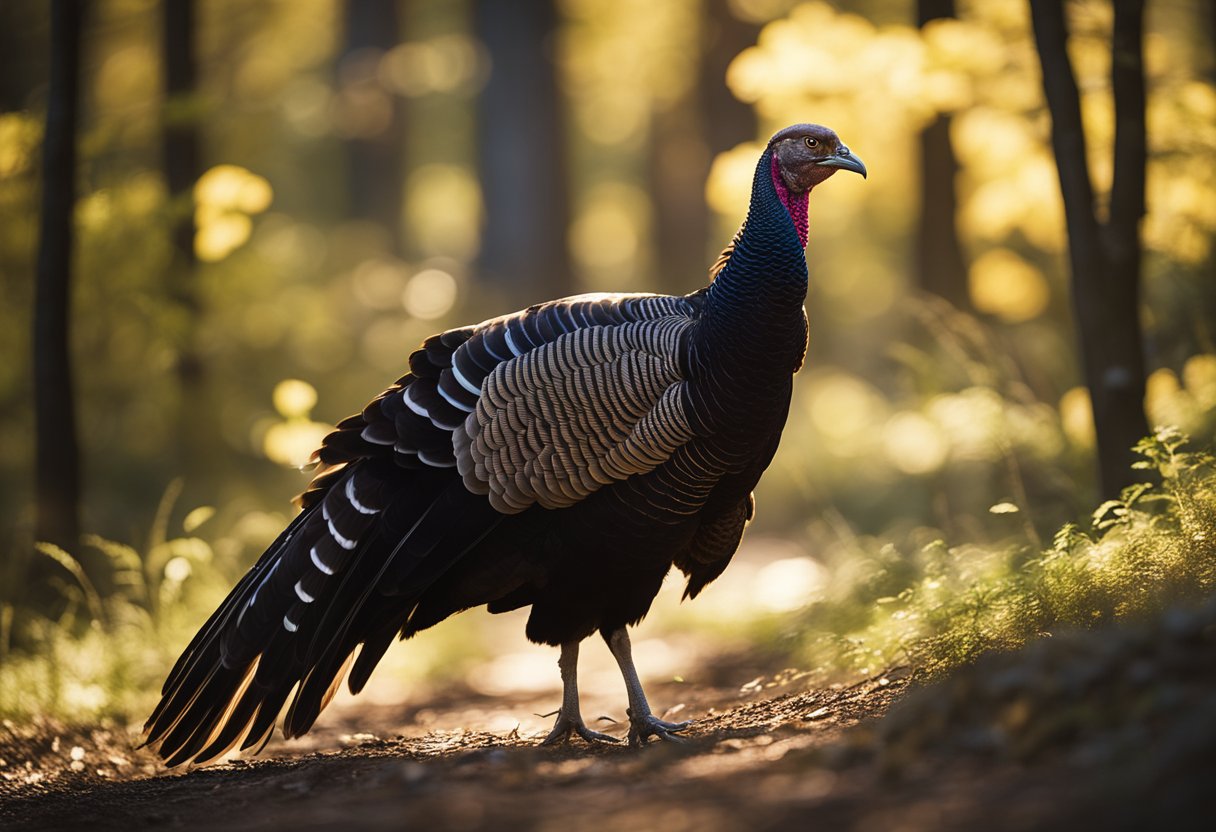 A majestic wild turkey struts through a sun-dappled forest, its feathers glinting in the light. It exudes a sense of strength and connection to the earth, embodying the spiritual meaning of abundance and gratitude in dreams