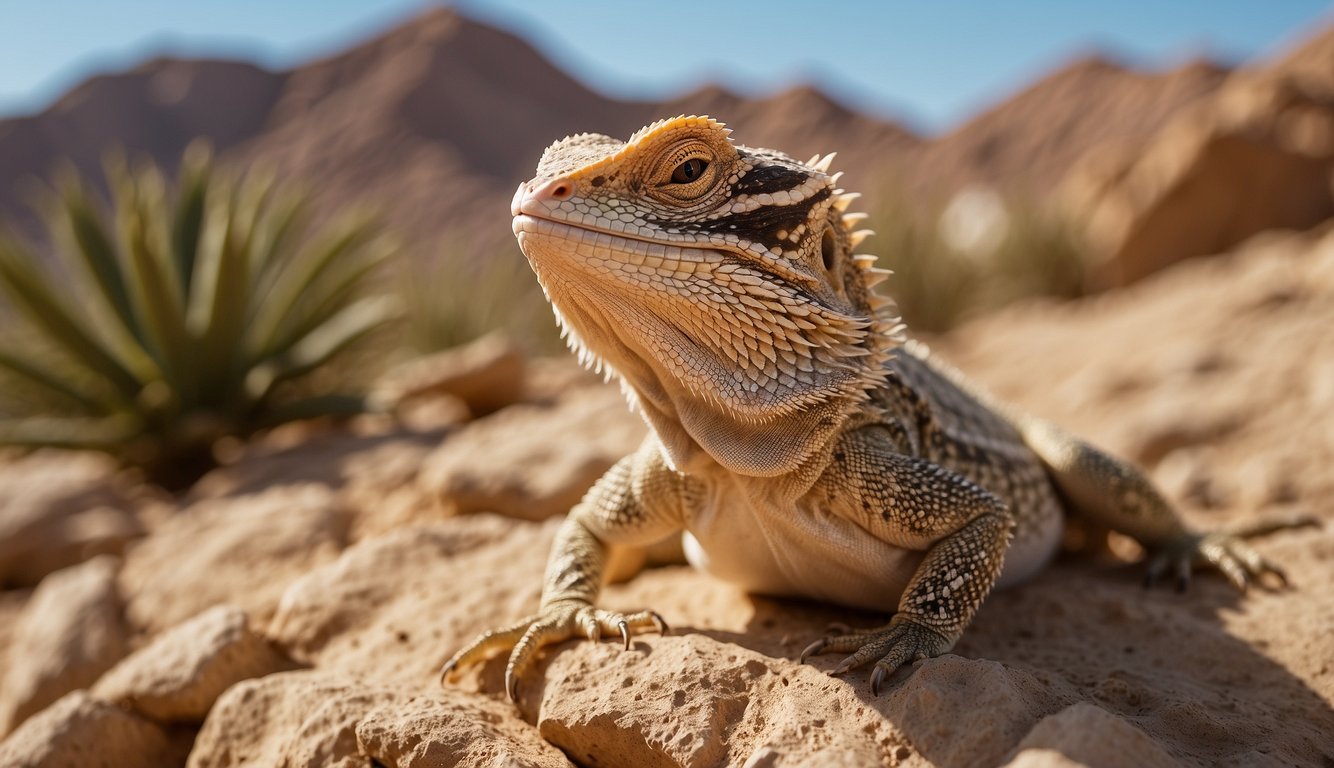 A bearded dragon basks on a rocky desert terrain, blending into the sandy backdrop.

It flicks its tongue to taste the air, while its spiky beard puffs out in a display of dominance