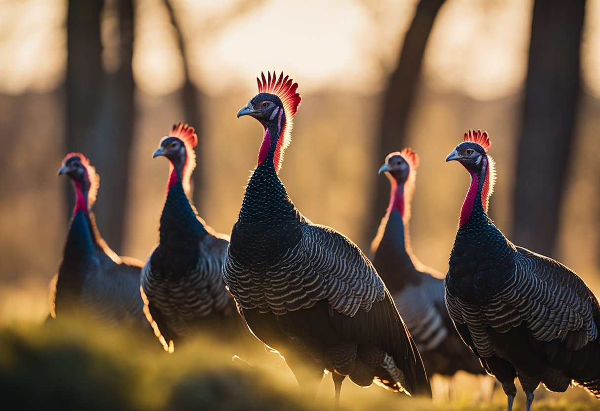 A group of wild turkeys standing tall and proud, their feathers glistening in the sunlight, symbolizing abundance, gratitude, and connection to the earth