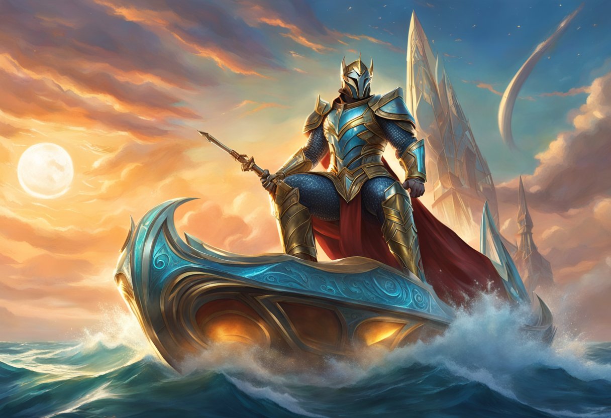 Ocean Master, clad in his iconic armor, stands proudly on a sleek, futuristic boat, commanding the open sea with confidence and authority