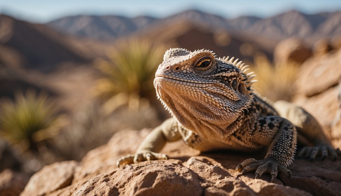 A bearded dragon basks on a rocky desert outcrop, blending in with its surroundings.

Its spiky scales and wide, alert eyes convey a sense of adaptability and resilience in the harsh desert environment