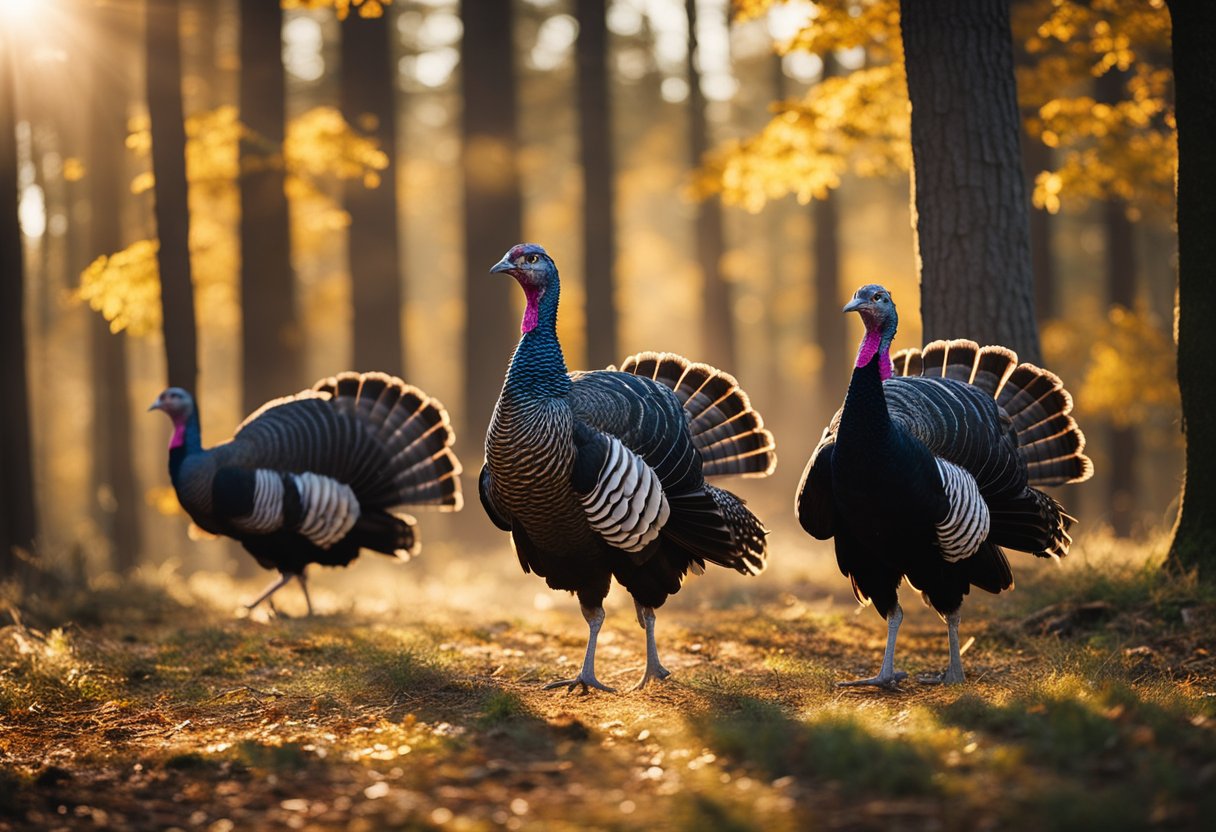 A group of wild turkeys roams through a forest, their feathers shimmering in the sunlight. They move with purpose, their direction guided by an unseen force, symbolizing the seasonal and directional associations of the spiritual meaning of wild turkey