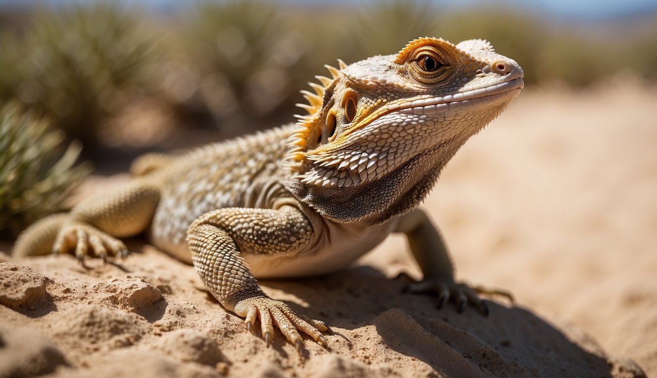 A bearded dragon basking on a rocky desert terrain, with a background of sand dunes and sparse vegetation