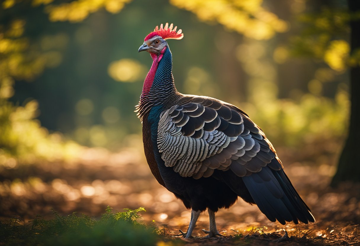 A majestic wild turkey stands proudly amidst a lush forest, with rays of sunlight casting a sacred glow upon its colorful feathers. Symbols of spirituality and ancient mythology surround the regal bird