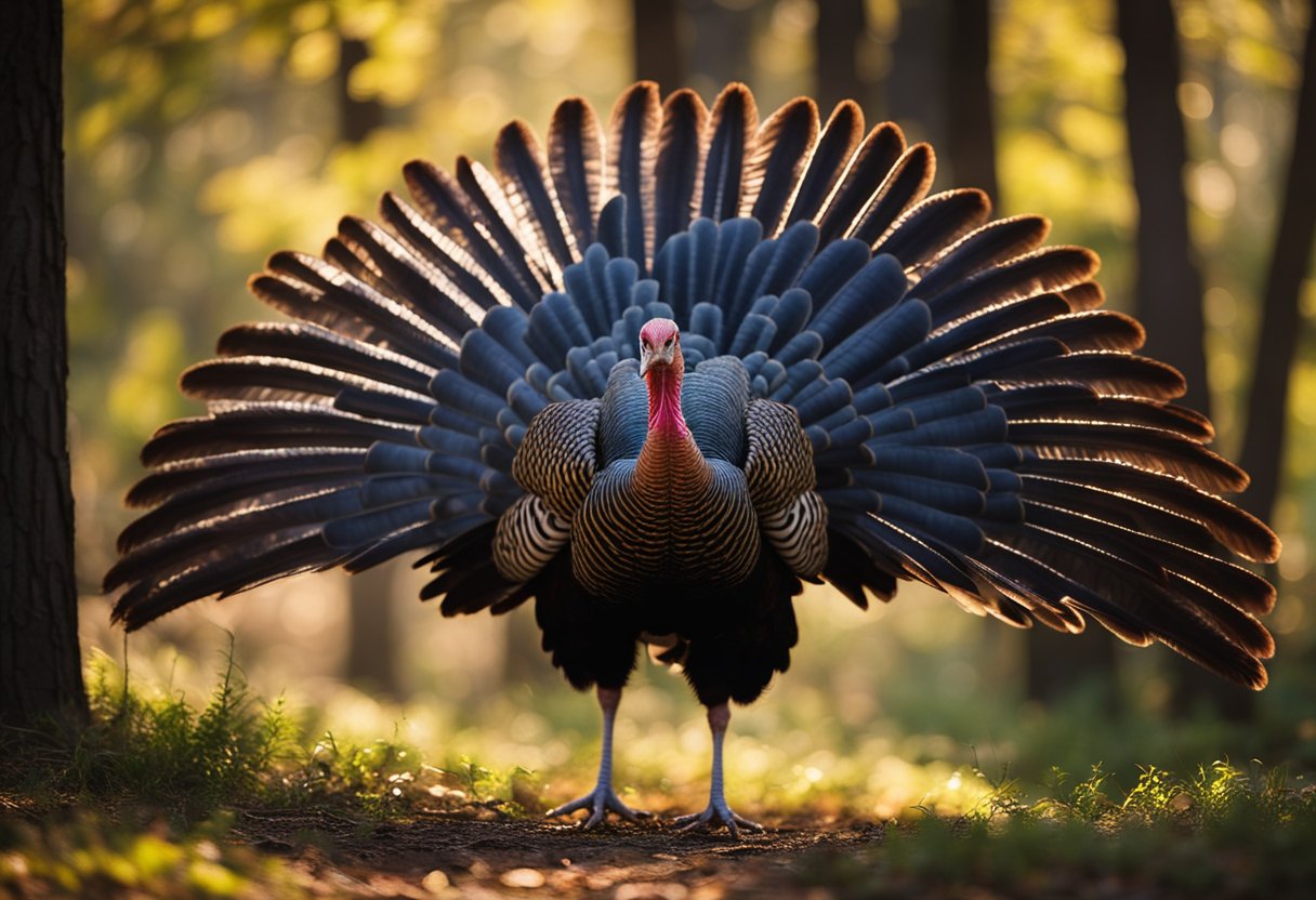 A wild turkey struts through a forest, its feathers shimmering in the dappled sunlight. It stands proudly, symbolizing abundance and gratitude in the natural world
