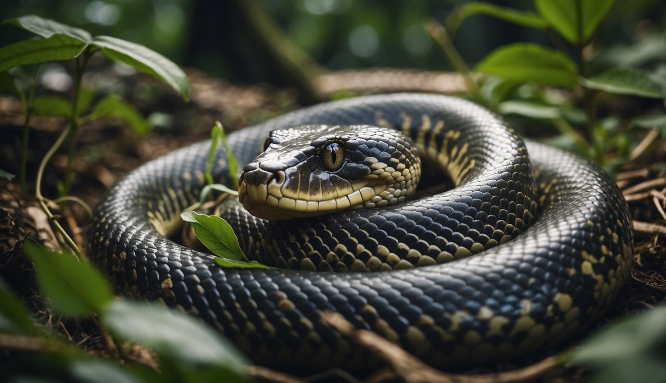 A massive anaconda slithers through a lush jungle, its sleek body coiled around a tree trunk as it surveys its surroundings with its piercing eyes