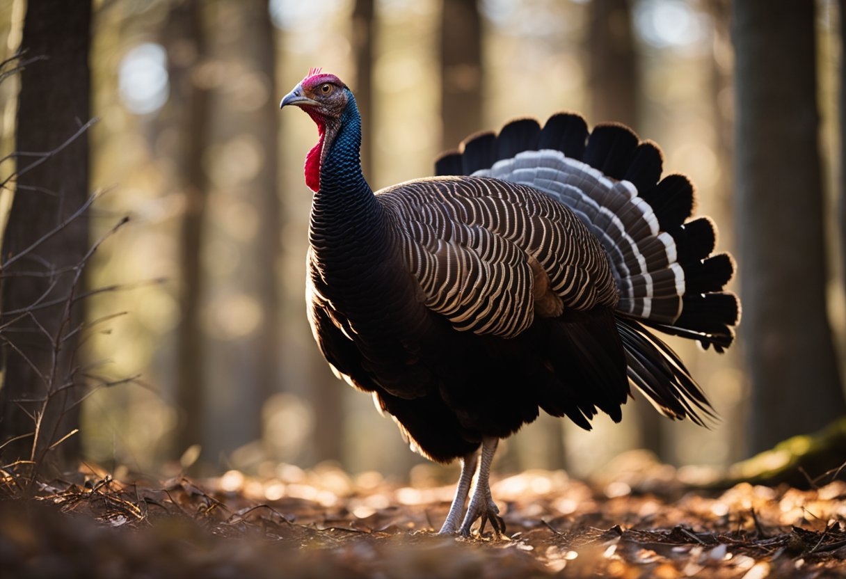 A wild turkey struts through a forest, its feathers shimmering in the dappled sunlight. The bird's majestic presence exudes a sense of spiritual significance