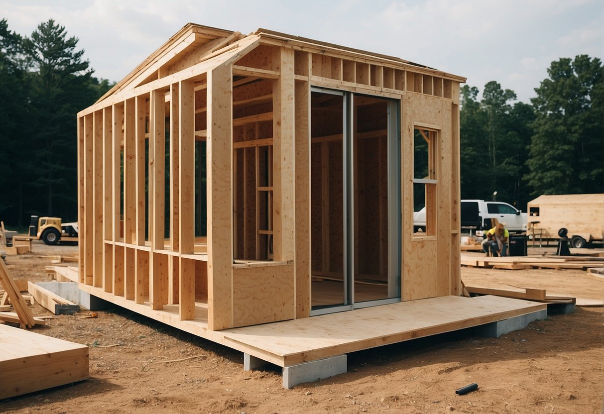 A tiny home being constructed in Chattanooga, TN by builders using tools and materials