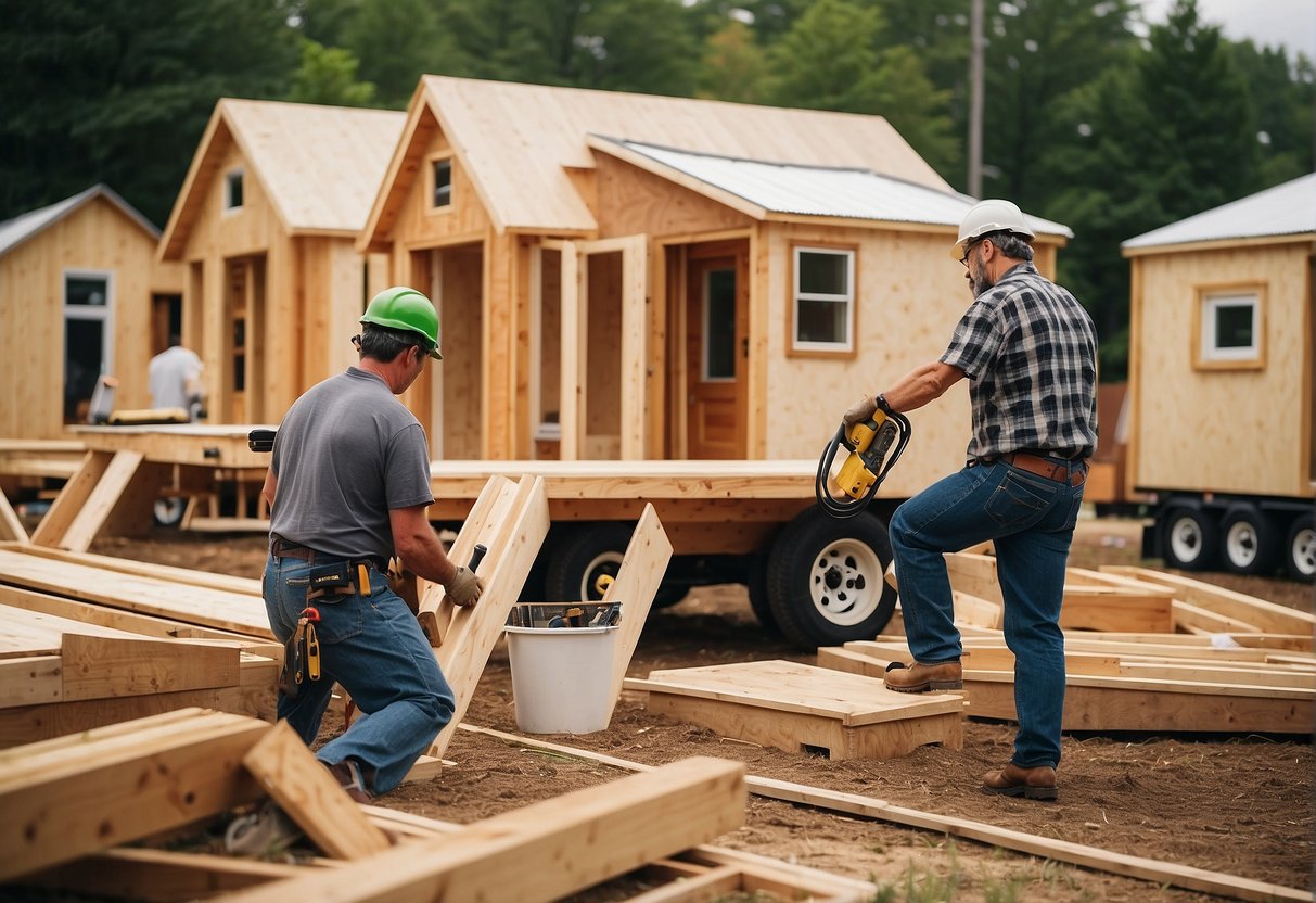 A group of skilled builders construct tiny homes in Chattanooga, TN. Tools and materials are scattered around the site, with finished homes in the background