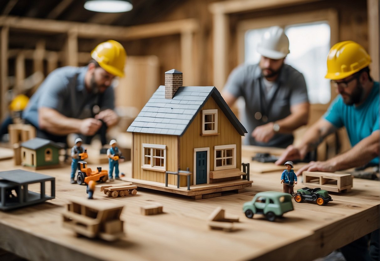 A group of tiny home builders in Chattanooga, TN, carefully selecting materials and discussing customization options for a new project