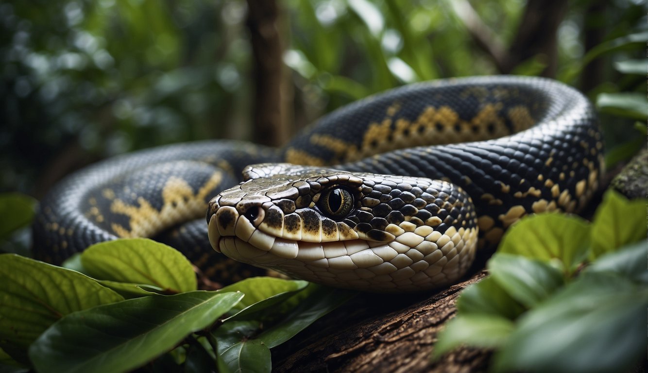An anaconda slithers through dense Amazonian foliage, coiling around a massive tree trunk.

It sheds its skin, revealing a glossy new coat