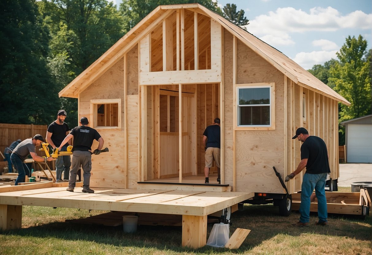 A team constructs a tiny home in Chattanooga, TN. Tools and materials are organized around the unfinished structure