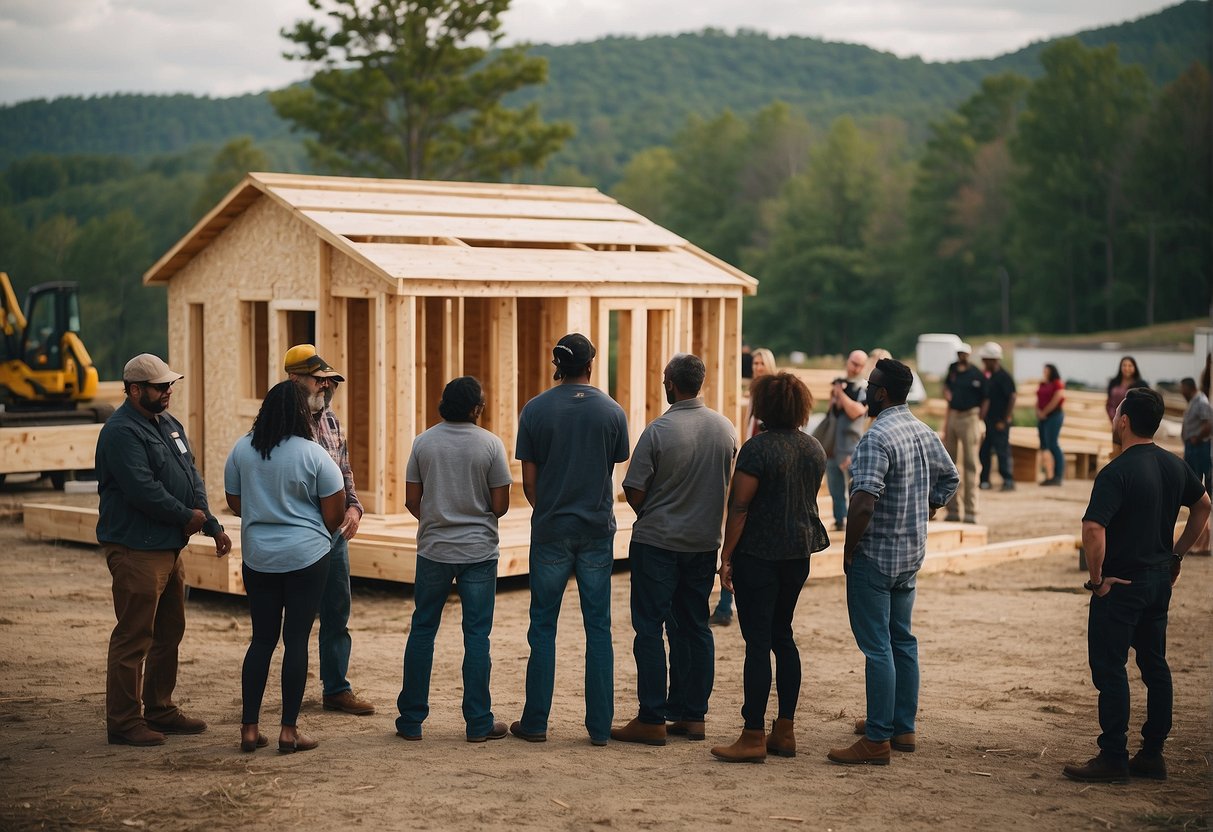 A group of people gather around a tiny home under construction in Chattanooga, TN, asking questions to the builders