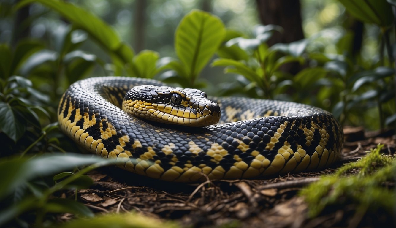 A massive anaconda slithers through a dense jungle, its powerful body weaving through the foliage as it explores its natural habitat