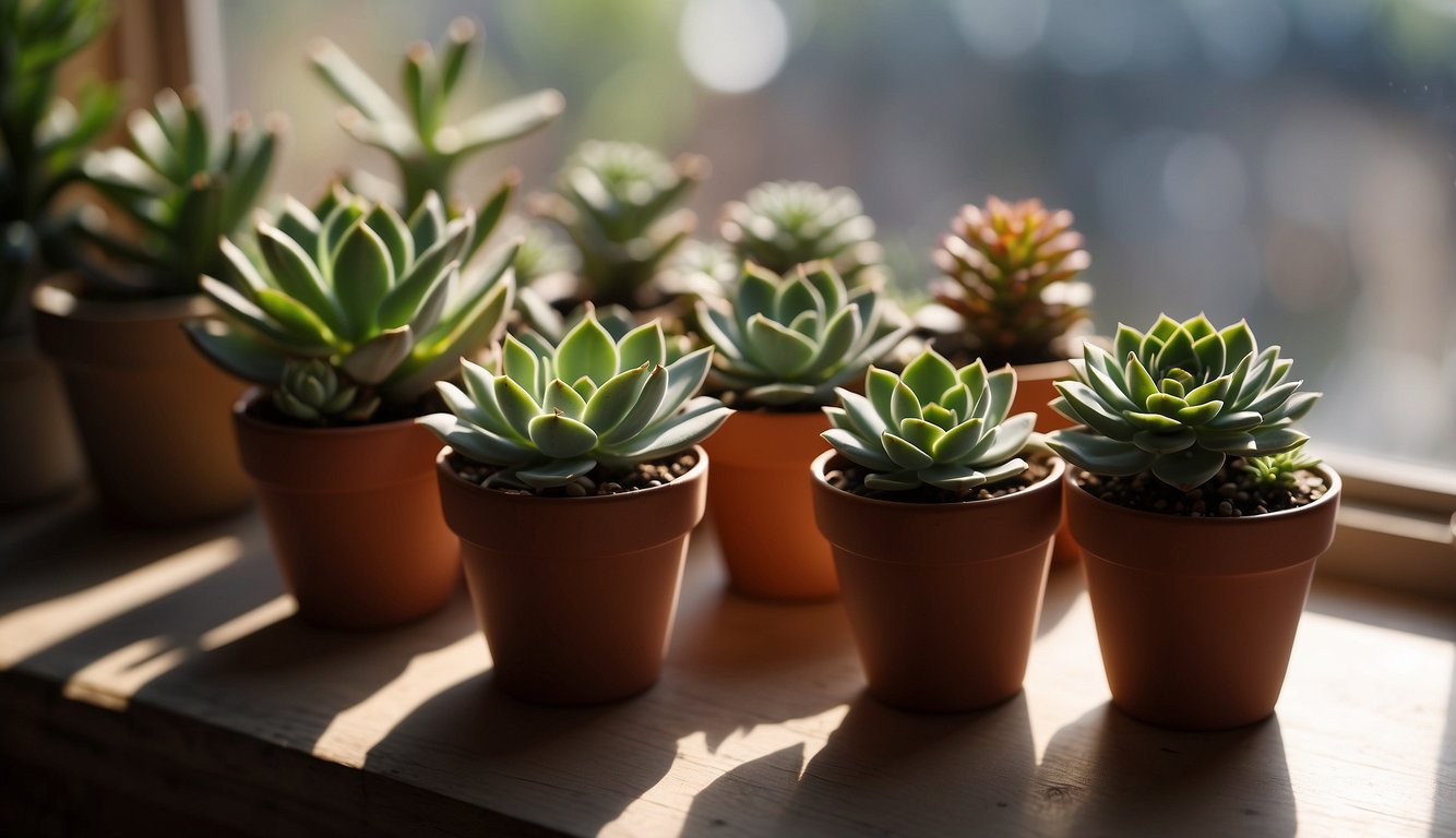 Succulents in small pots on a sunny windowsill. A hand trimming long stems with scissors. A small pile of trimmed stems next to the pots