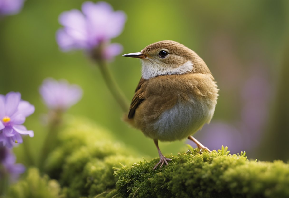 A wren perched on a moss-covered branch, surrounded by vibrant green leaves and delicate flowers, symbolizing joy and creativity