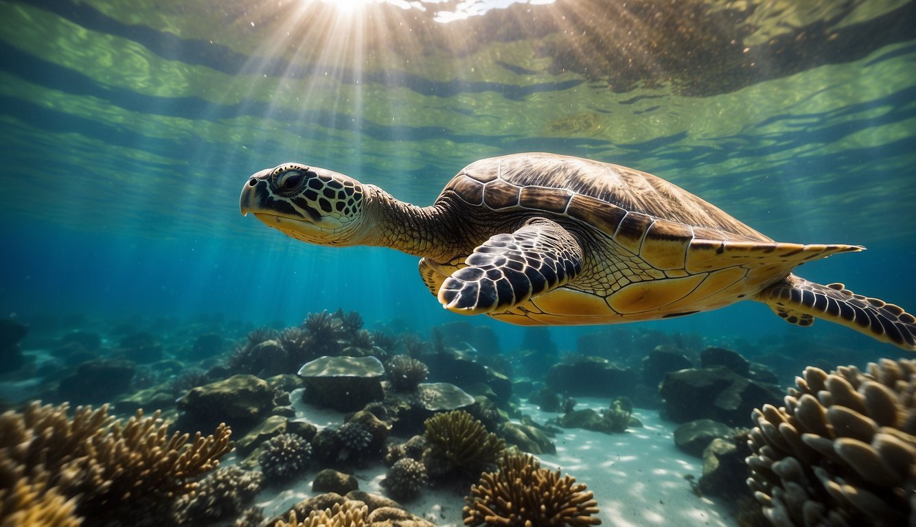 Sea turtles swimming gracefully through crystal-clear waters, surrounded by colorful coral and vibrant marine life.

Sunlight filters through the ocean, casting a mesmerizing glow on the scene