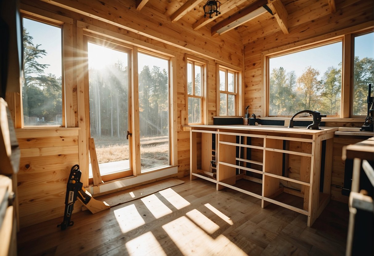 Tiny home builders construct in Cincinnati. Tools and materials scattered. Sunlight filters through windows