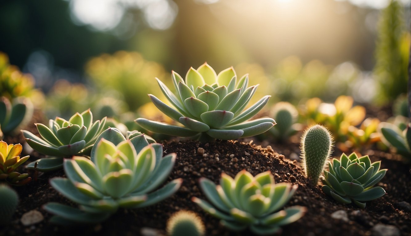 A succulent plant with long stems reaching towards the sunlight, surrounded by other lush greenery