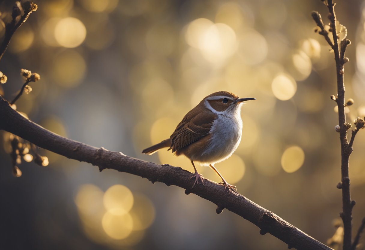 A wren perched on a branch, surrounded by ethereal light and symbols of spirituality