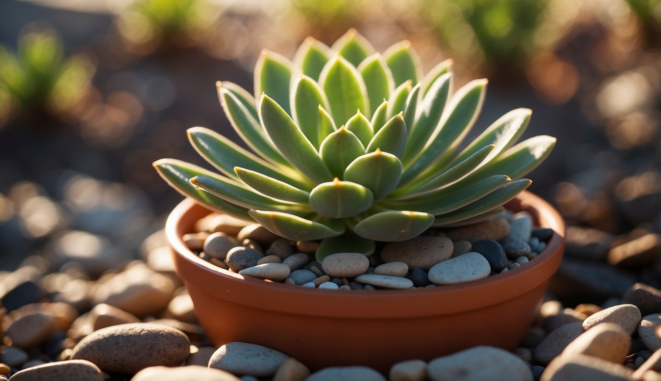 A long-stemmed succulent growing in a pot, surrounded by small pebbles and bathed in soft sunlight