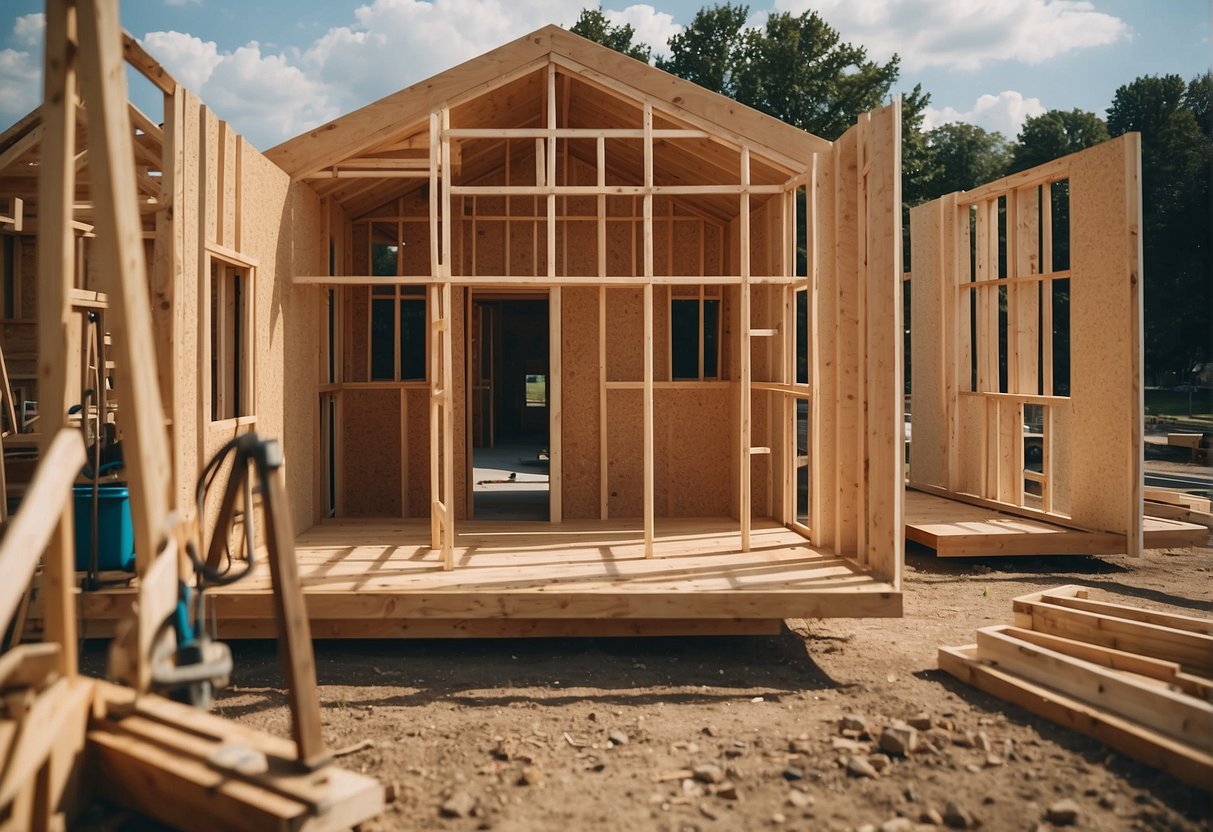 A tiny home being constructed in Cincinnati by builders, with tools and materials scattered around the site