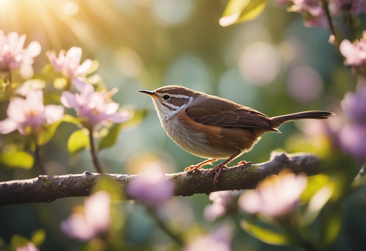 A wren perched on a branch, surrounded by blooming flowers and rays of sunlight, symbolizing personal growth and spiritual transformation