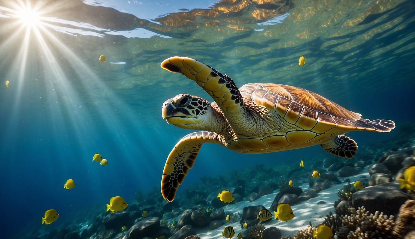 Sea turtles swim gracefully through crystal-clear waters, surrounded by colorful coral reefs and schools of tropical fish.

The sun shines down, casting a warm glow on the vibrant underwater scene
