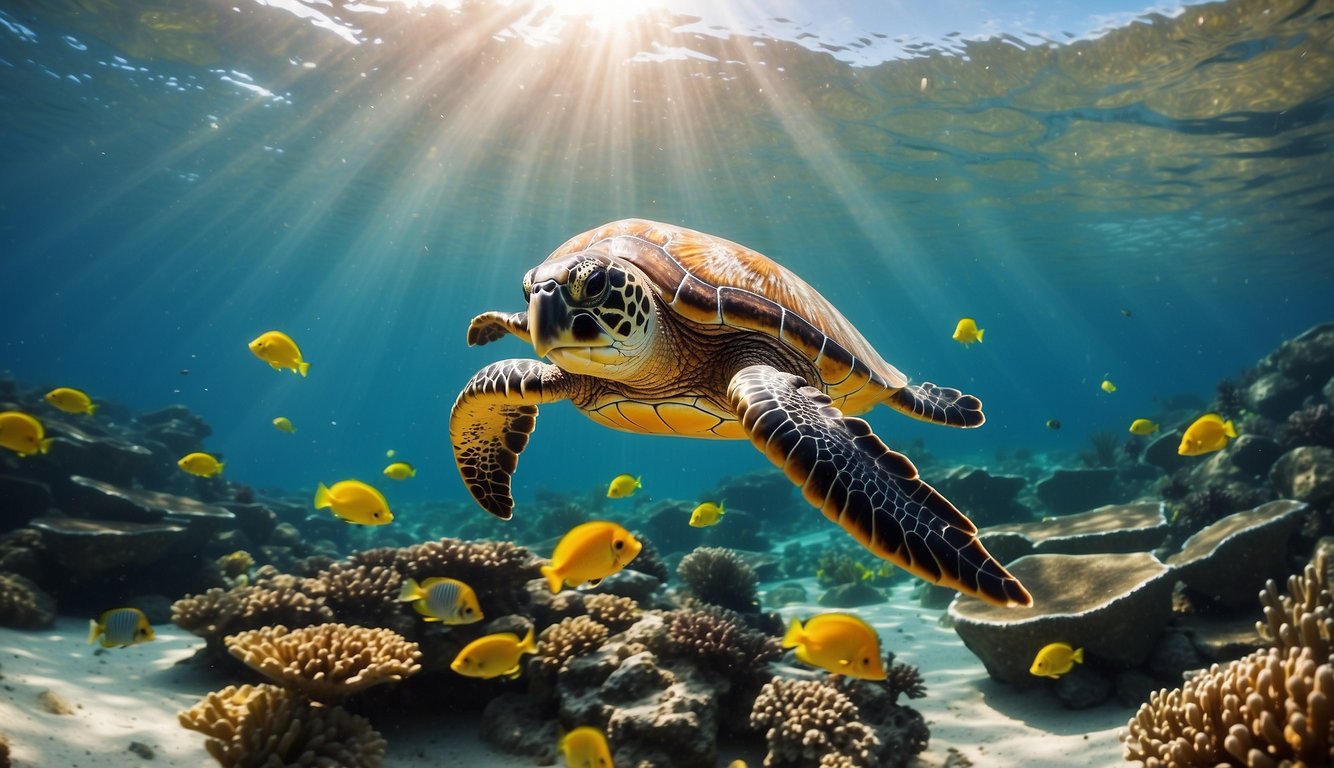 Sea turtles gliding through crystal-clear blue waters, surrounded by colorful fish and vibrant coral reefs.

The sun shines down, casting a warm, golden glow on the serene ocean scene
