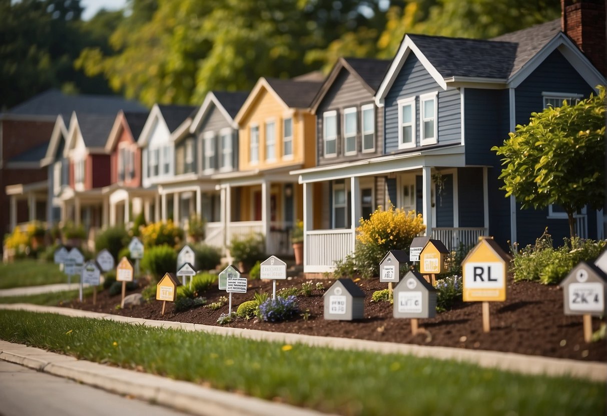 A group of small, stylish homes in a Cincinnati neighborhood, with signs indicating zoning regulations and legal considerations for tiny home builders