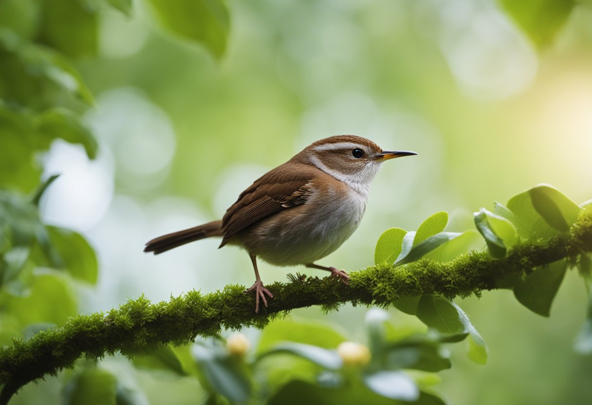 A wren perched on a branch, surrounded by lush greenery and a sense of tranquility, symbolizing the spiritual significance of these small birds