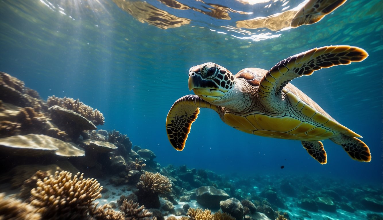 Sea turtles swimming through clear blue waters, surrounded by colorful coral and other marine life.

Sunlight filters down from the surface, creating a tranquil and serene underwater scene