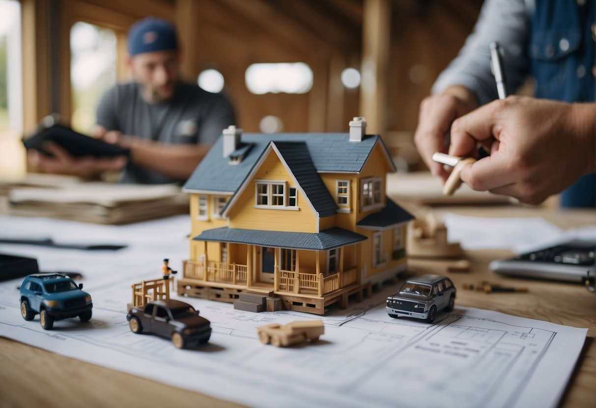 A group of tiny home builders in Cincinnati discuss costs and financing options, surrounded by blueprints and construction materials