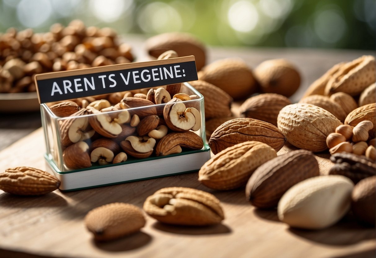 A variety of nuts, including almonds, cashews, and walnuts, are arranged on a wooden cutting board with a sign reading "Are Nuts Vegan?" nearby