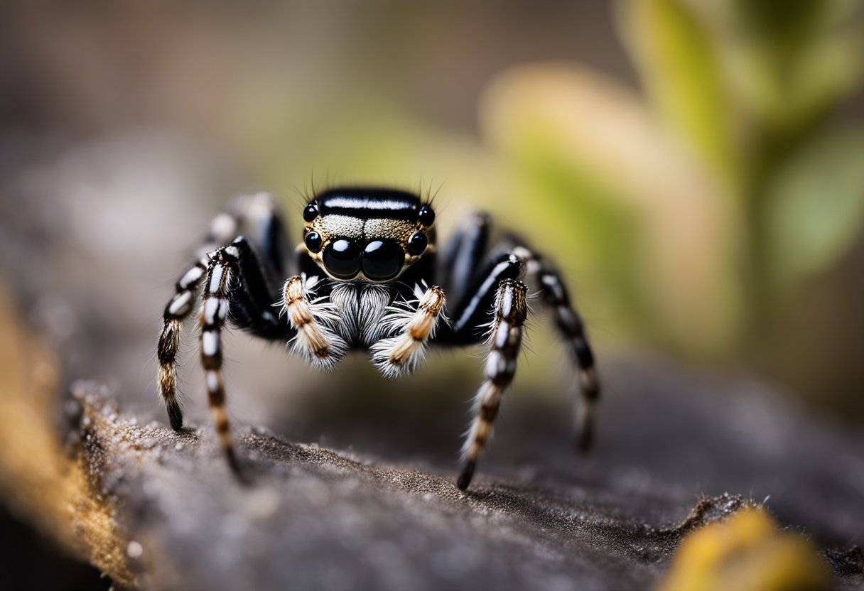 A jumping spider perched on a web, surrounded by symbols of nature and spirituality, representing its cultural significance and spiritual meaning
