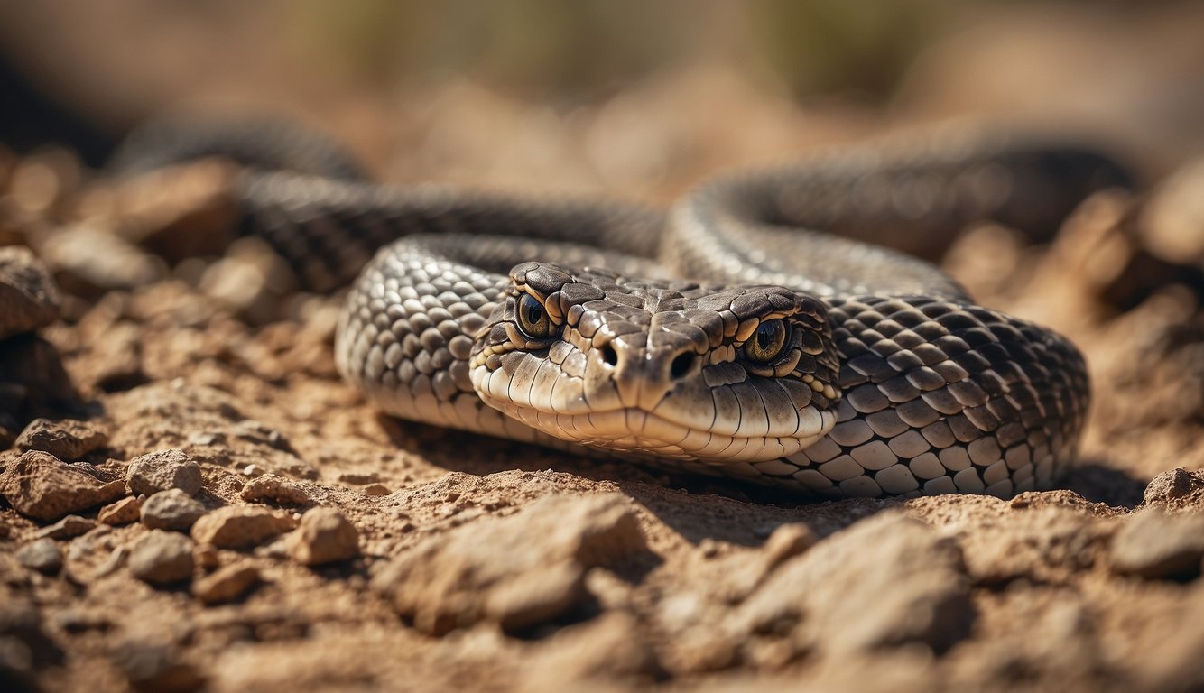A group of venomous vipers slither through a rocky desert terrain, their scales glistening in the sunlight as they hunt for prey