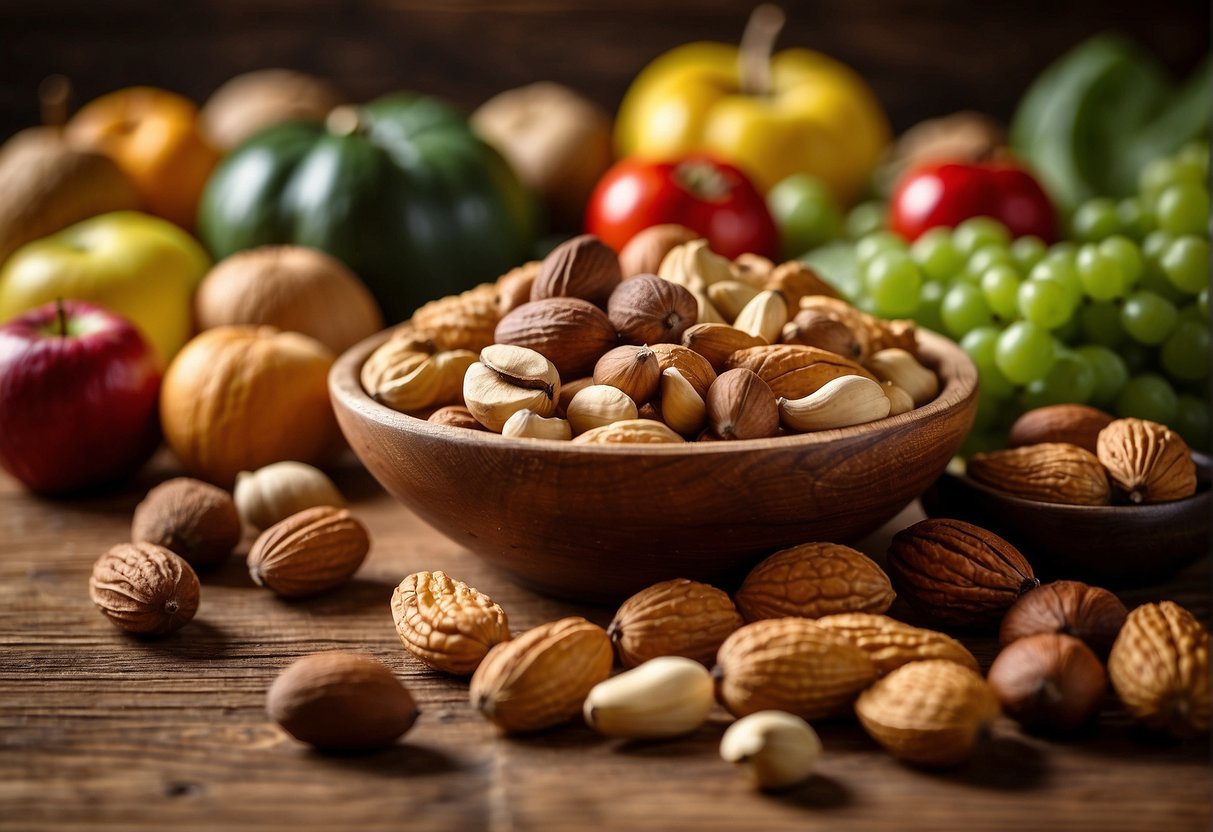 A variety of nuts arranged on a wooden table, surrounded by fruits and vegetables. A sign reads "Health Benefits of Nuts" with a question mark