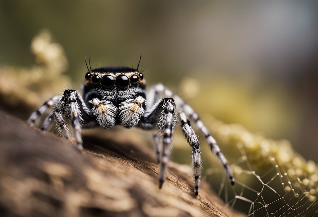 A jumping spider perched on a delicate web, surrounded by symbols of nature and spirituality, with a sense of curiosity and awareness in its eyes