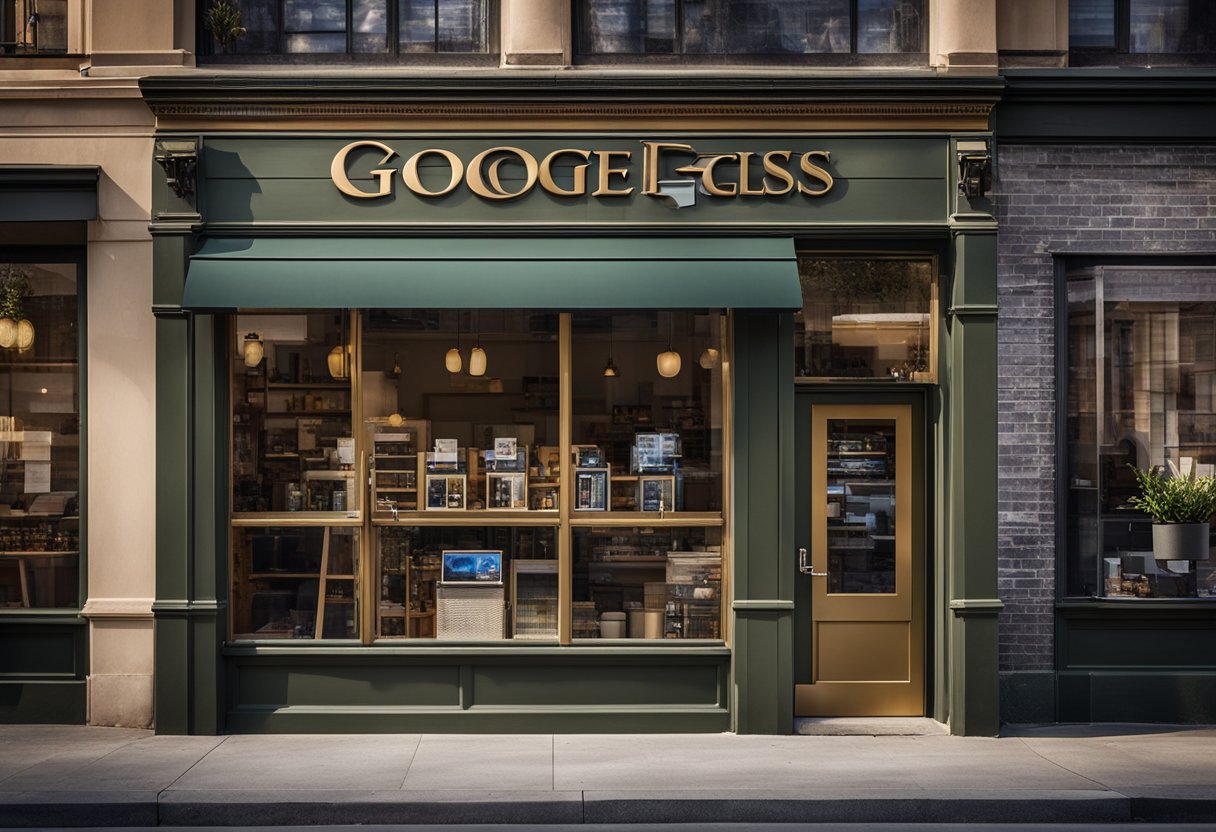 A small business storefront with a prominent #1 Google ranking displayed on a computer or smartphone screen. Surrounding businesses are visible, emphasizing the local aspect