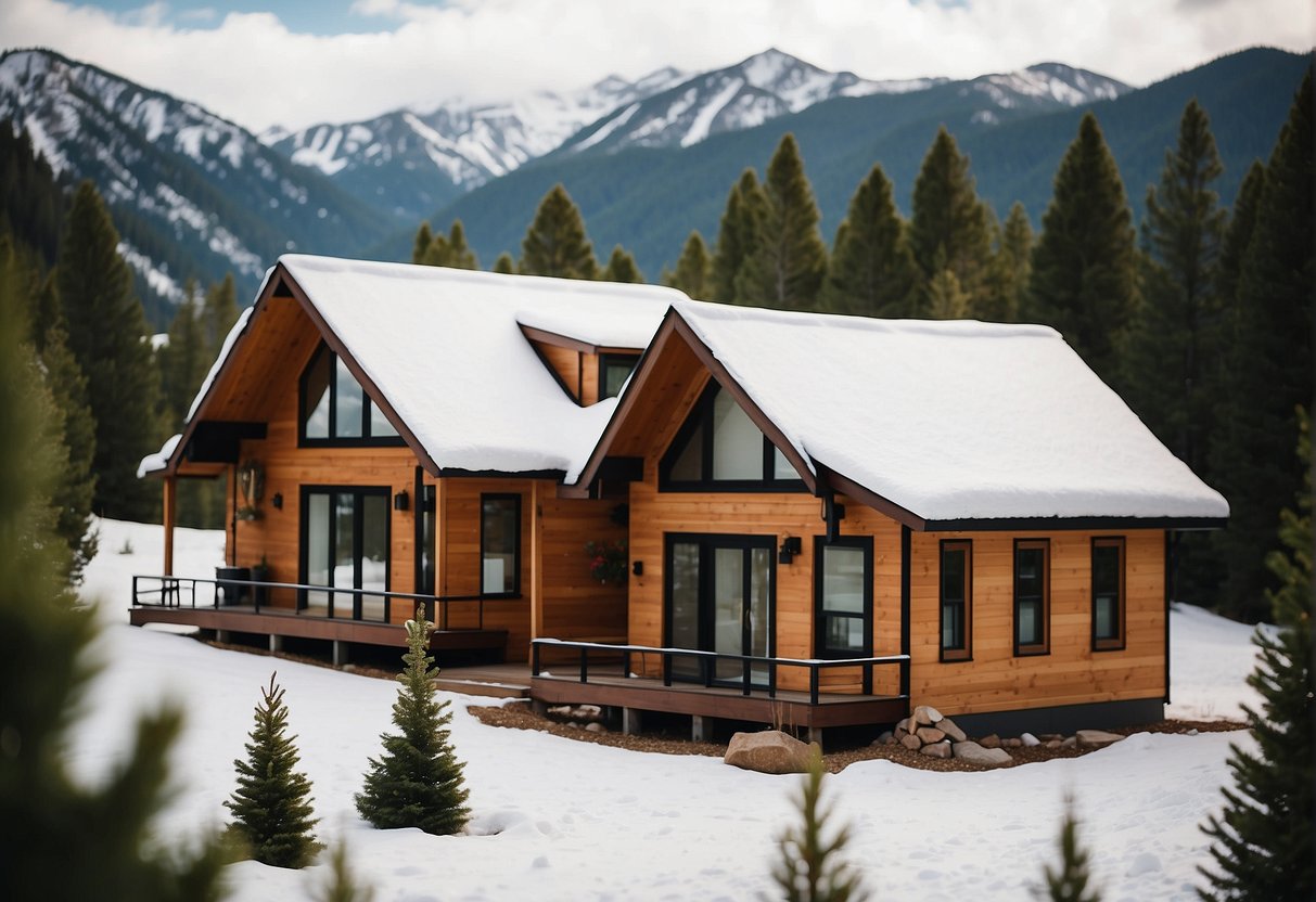 Tiny home builders construct homes in CO mountains, surrounded by pine trees and snow-capped peaks