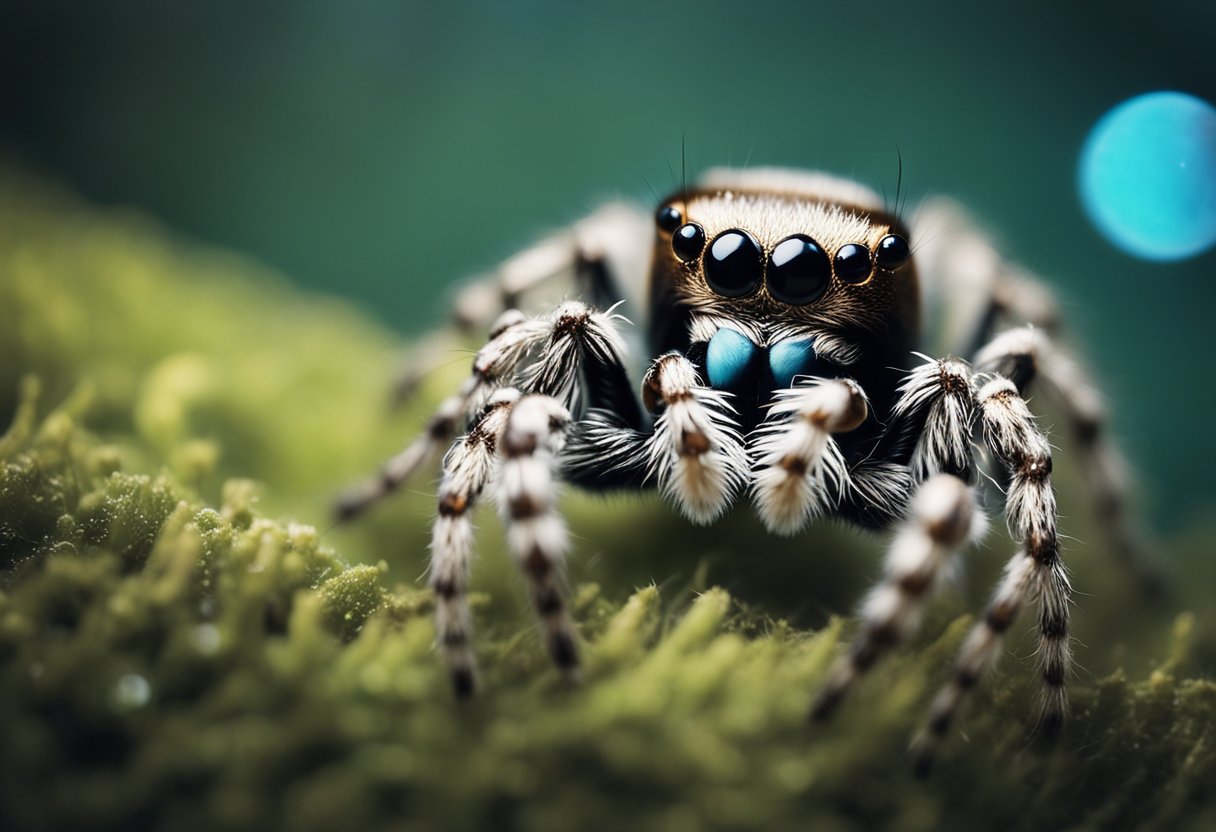 A jumping spider crawls on a web, surrounded by symbols of dreams and spirituality