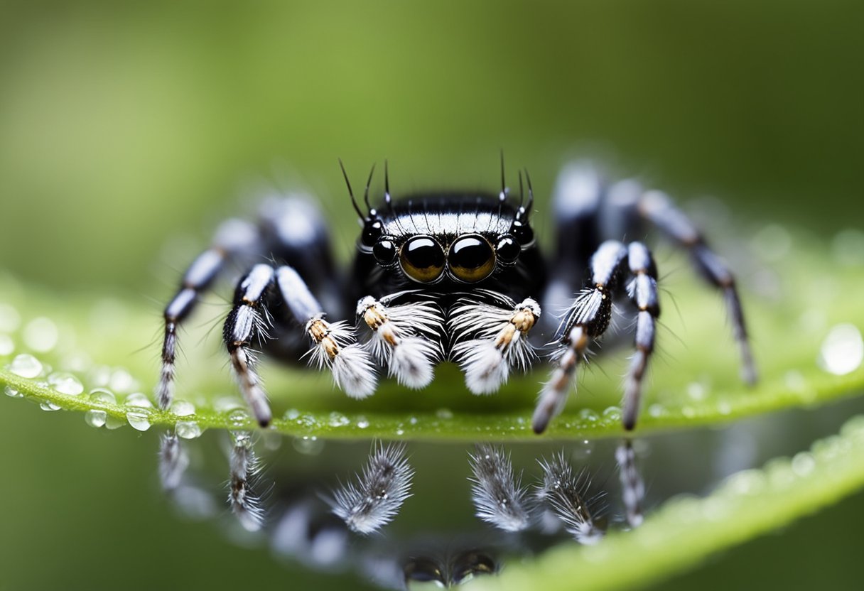 A jumping spider perches on a delicate web, gazing at its own reflection in a dewdrop, symbolizing personal growth and spiritual reflection