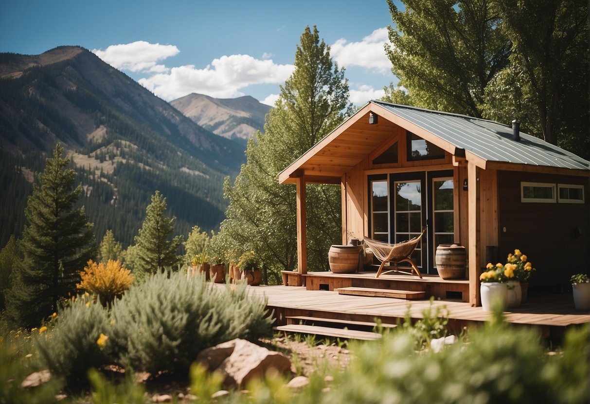 A tiny home nestled in the Colorado mountains, surrounded by lush greenery and a clear blue sky. A cozy outdoor patio with a small garden and a hammock, showcasing the peaceful and sustainable lifestyle of tiny home living
