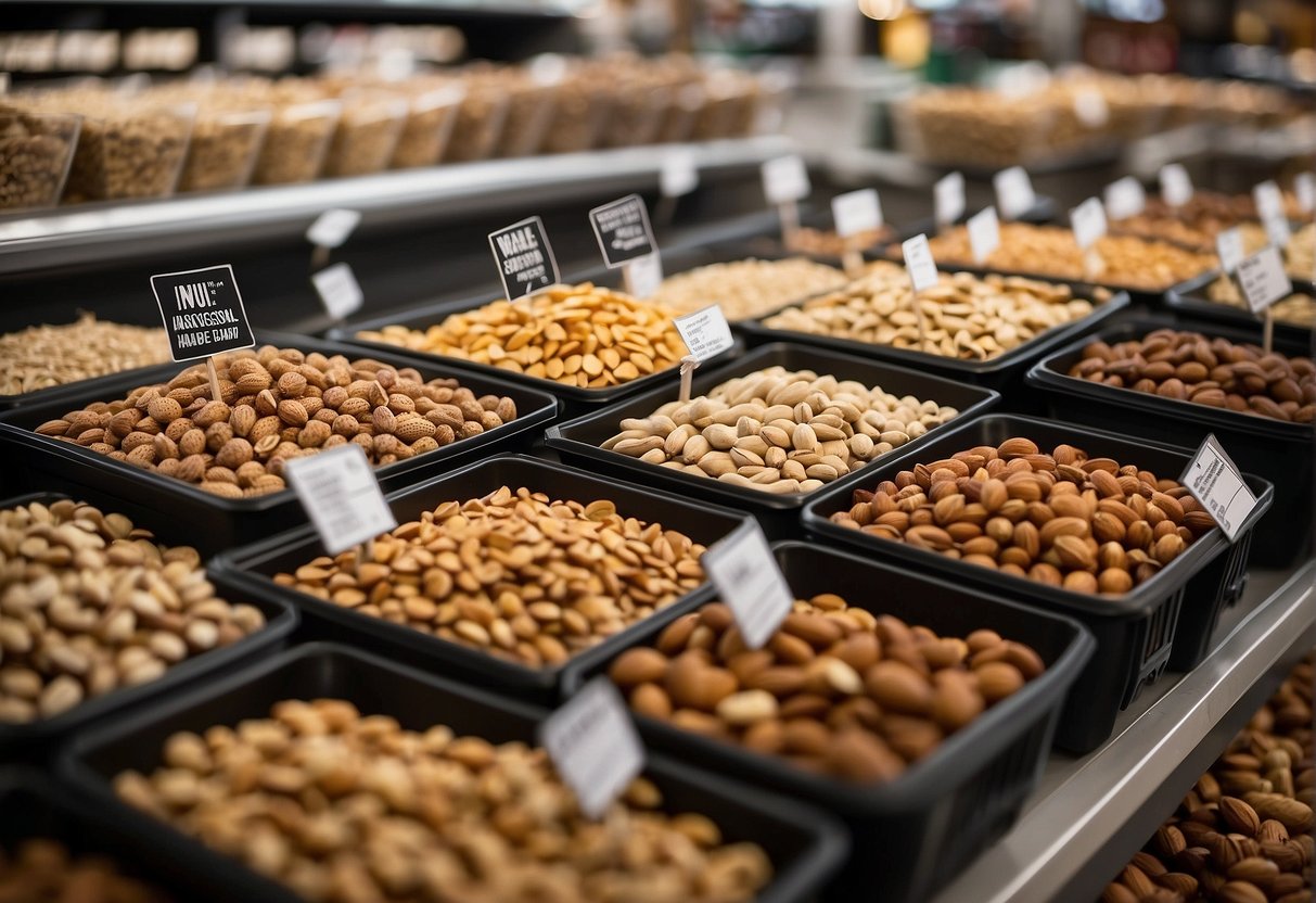 A variety of nuts displayed in bulk bins at a grocery store, with labels indicating they are vegan. Shoppers with reusable bags browse the selection