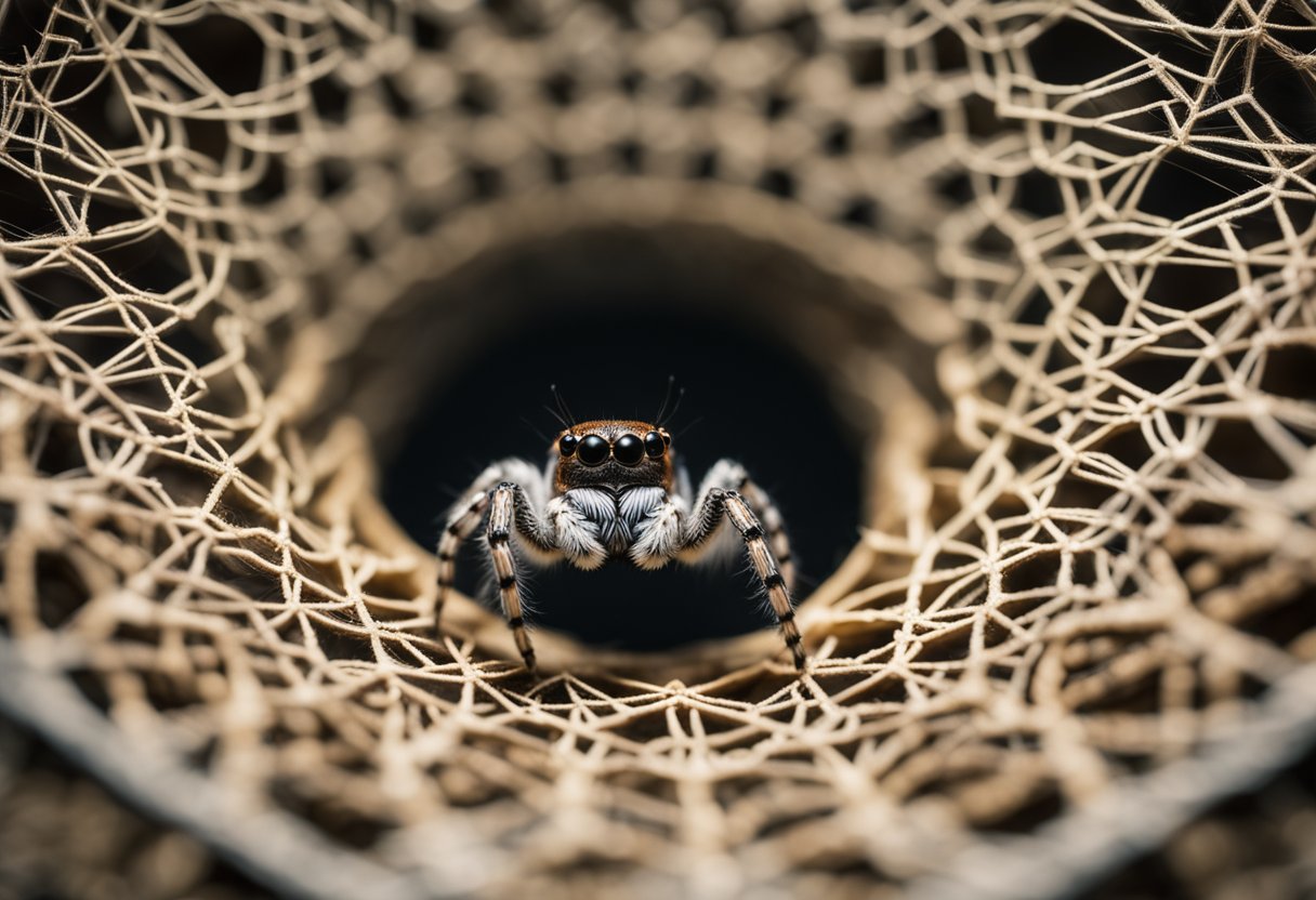 A jumping spider perched on a web, surrounded by intricate patterns and symbols representing spiritual significance in literature and media