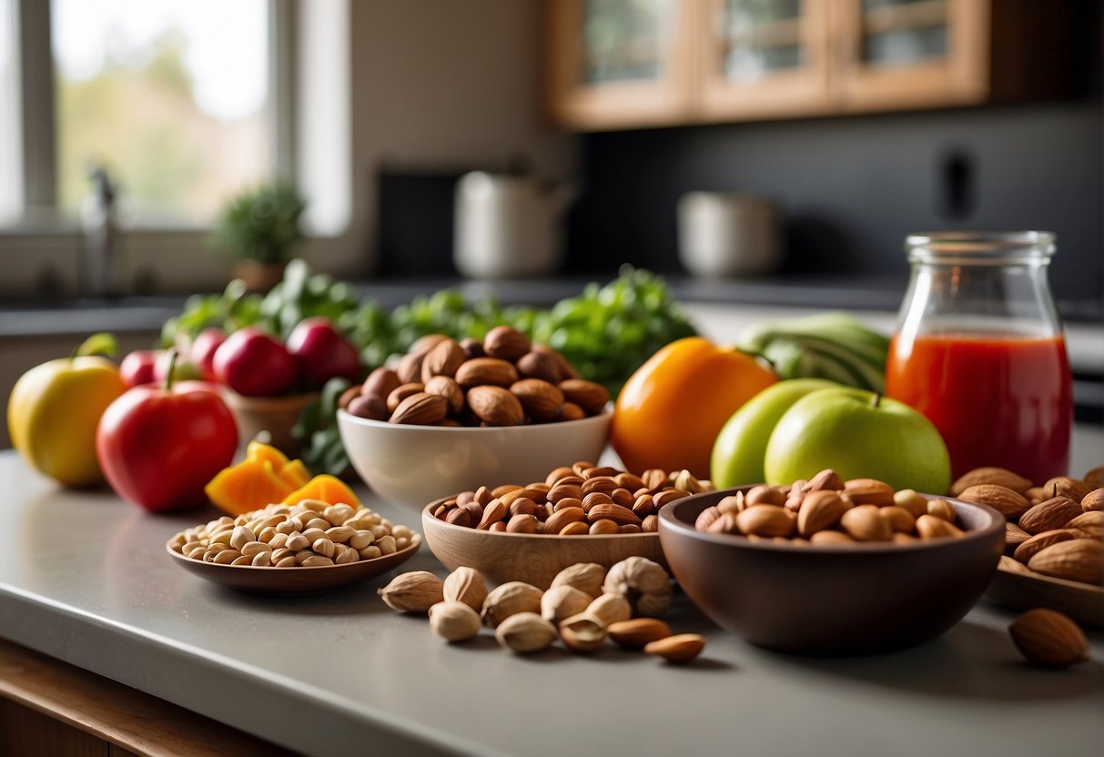 A colorful kitchen counter with various nuts, fruits, and vegetables. A cookbook open to a page titled "Are Nuts Vegan?" with a bowl of mixed nuts and a plant-based milk carton nearby