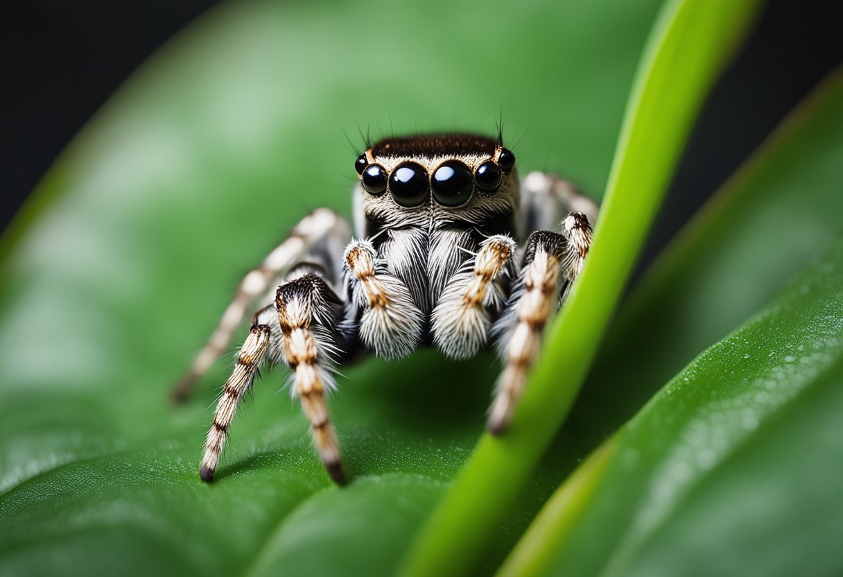 A jumping spider perched on a vibrant green leaf, its eight eyes glistening in the sunlight as it patiently waits for its next prey