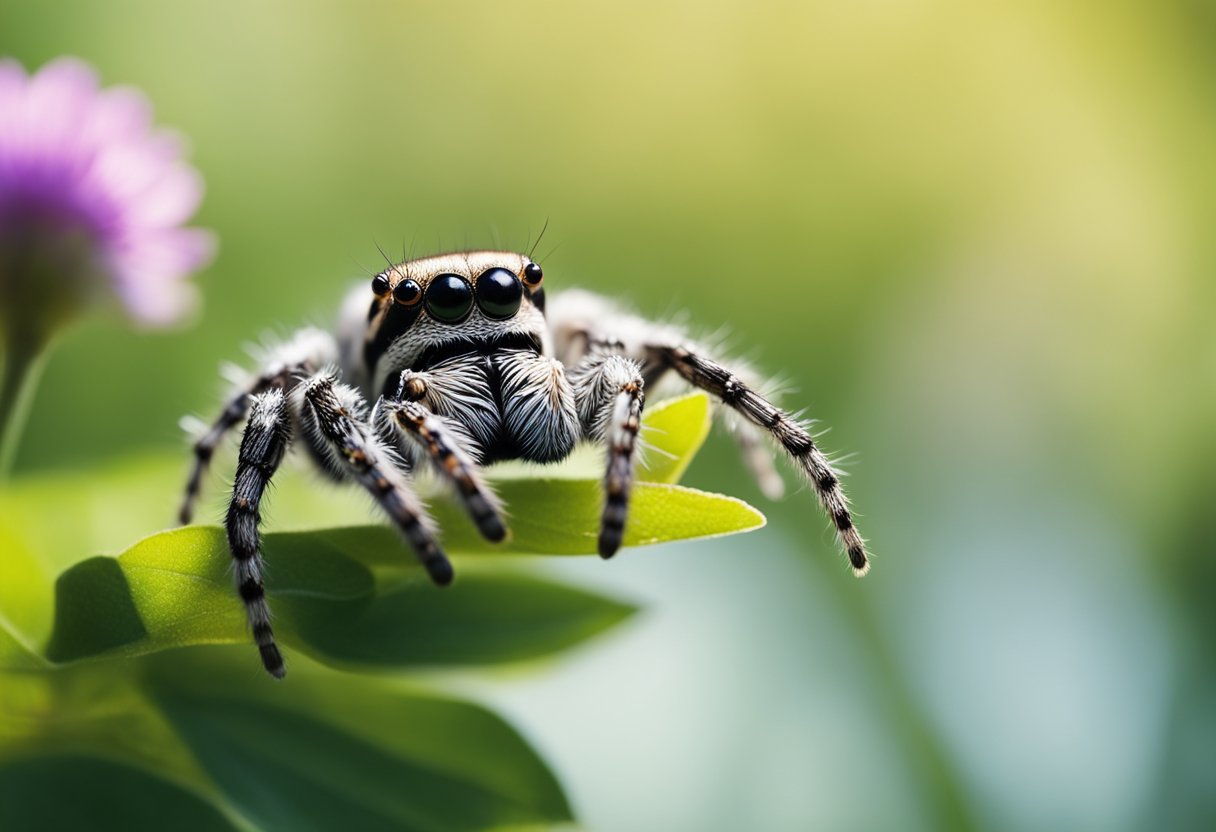 A jumping spider perched on a delicate web, surrounded by vibrant green leaves and colorful flowers, basking in the warm sunlight