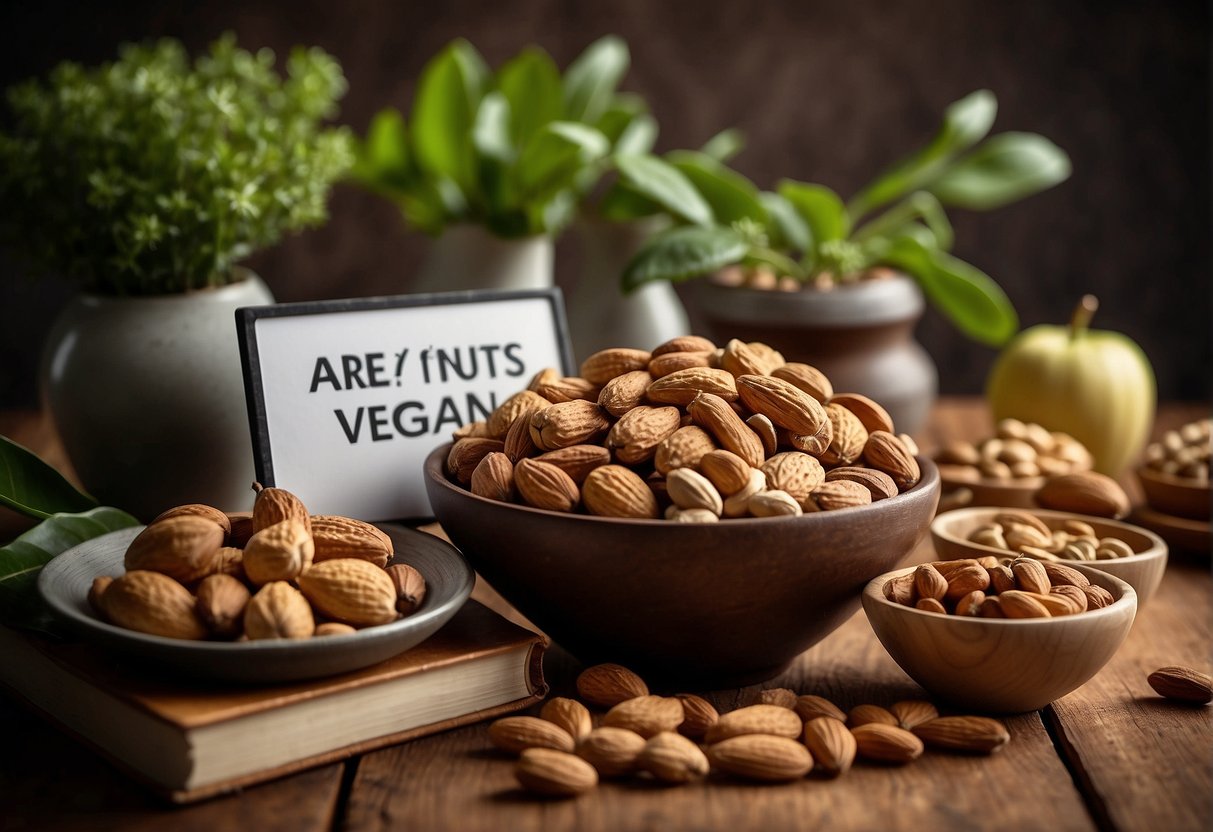 A variety of nuts, including almonds, walnuts, and cashews, are arranged on a table with a sign that reads "Are Nuts Vegan?" surrounded by plant-based recipe books and vegan cookware