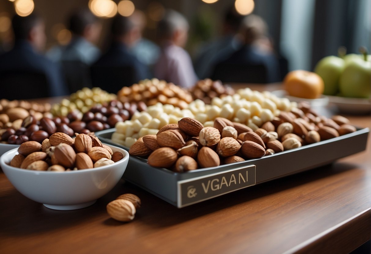 A table with various nuts and a sign reading "Conclusion: Are Nuts Vegan?" surrounded by curious onlookers